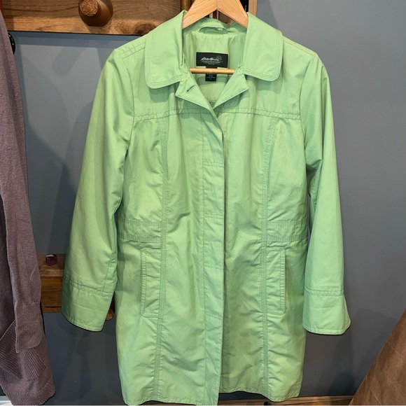 Eddie Bauer Lime GREEN TRENCH Coat HIDDEN BUTTONS Jacket lined Pockets 0373 LRG - Picture 16 of 16